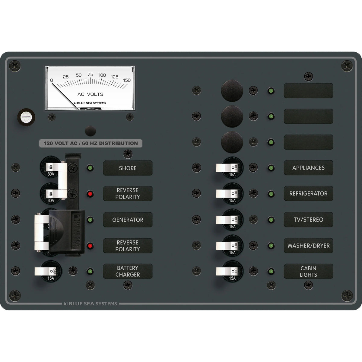 Blue Sea Systems Traditional Metal AC Main Source Selector Panel, Lockout Slide, Reverse Polarity LED