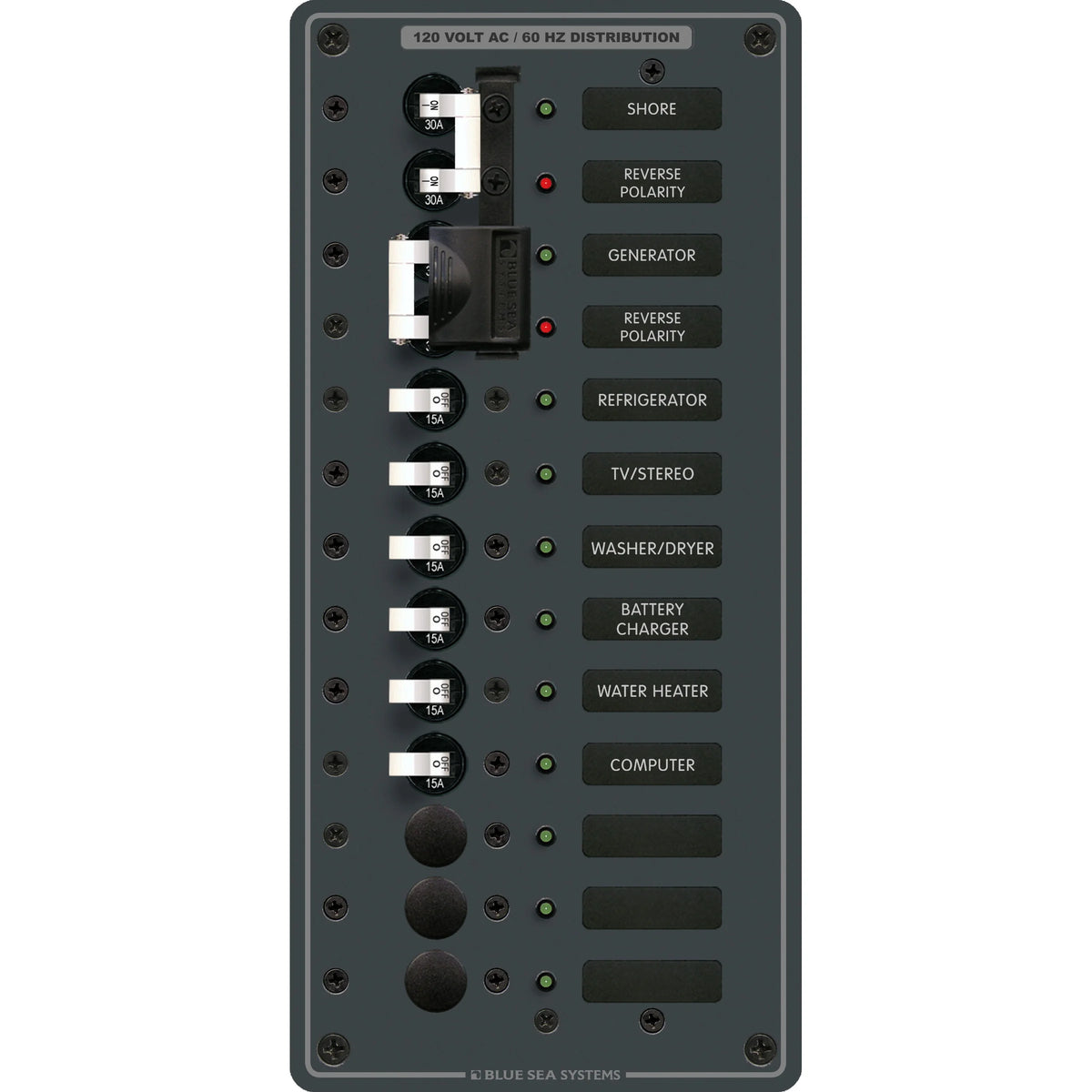 Blue Sea Systems Traditional Metal AC Main Source Selector Panel, Lockout Slide, Reverse Polarity LED