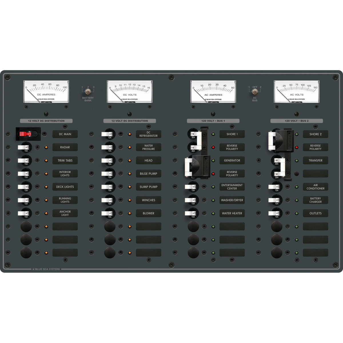 Blue Sea Systems Traditional Metal AC Branch Circuit Breaker Panel, 100A Max, Backlit Labels