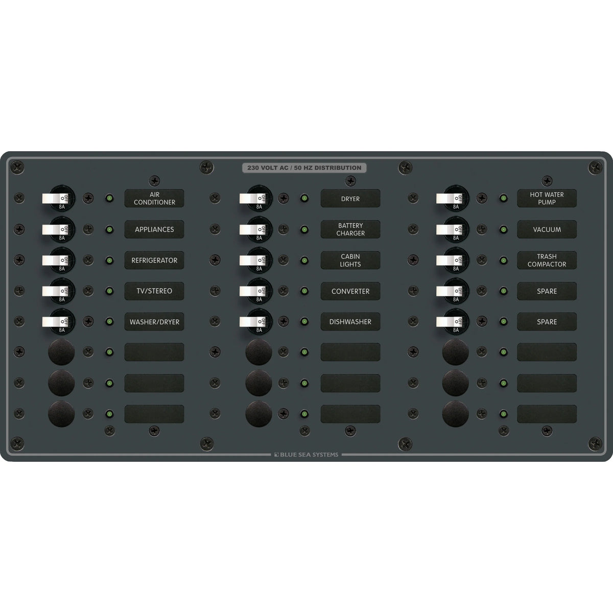 Blue Sea Systems Traditional Metal AC Branch Circuit Breaker Panel, 100A Max, Backlit Labels