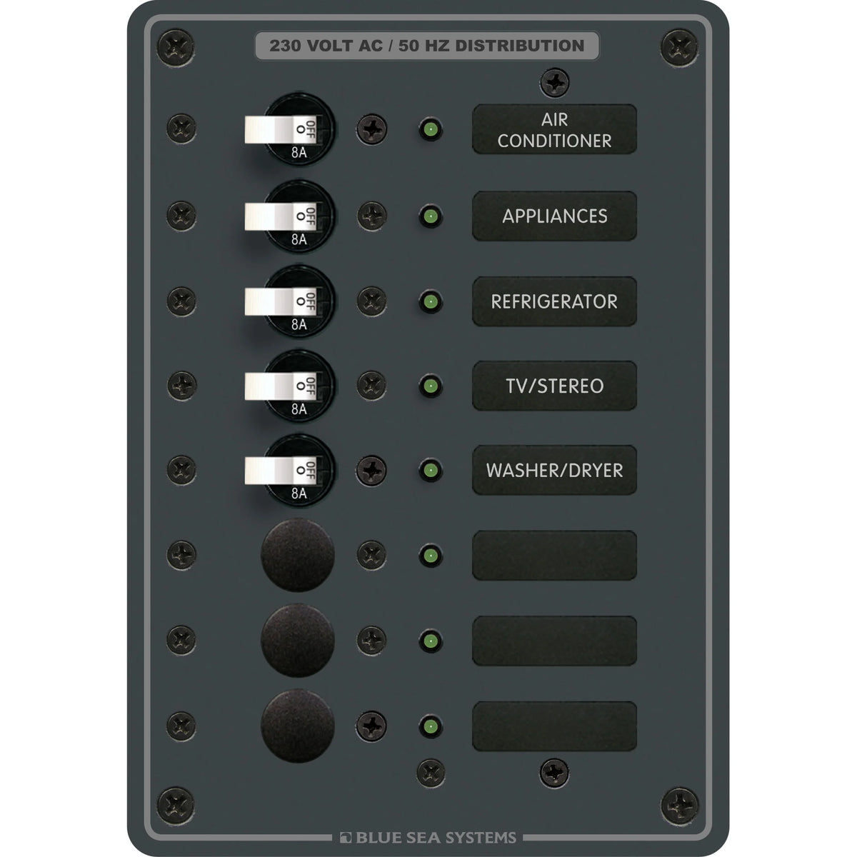 Blue Sea Systems Traditional Metal AC Branch Circuit Breaker Panel, 100A Max, Backlit Labels