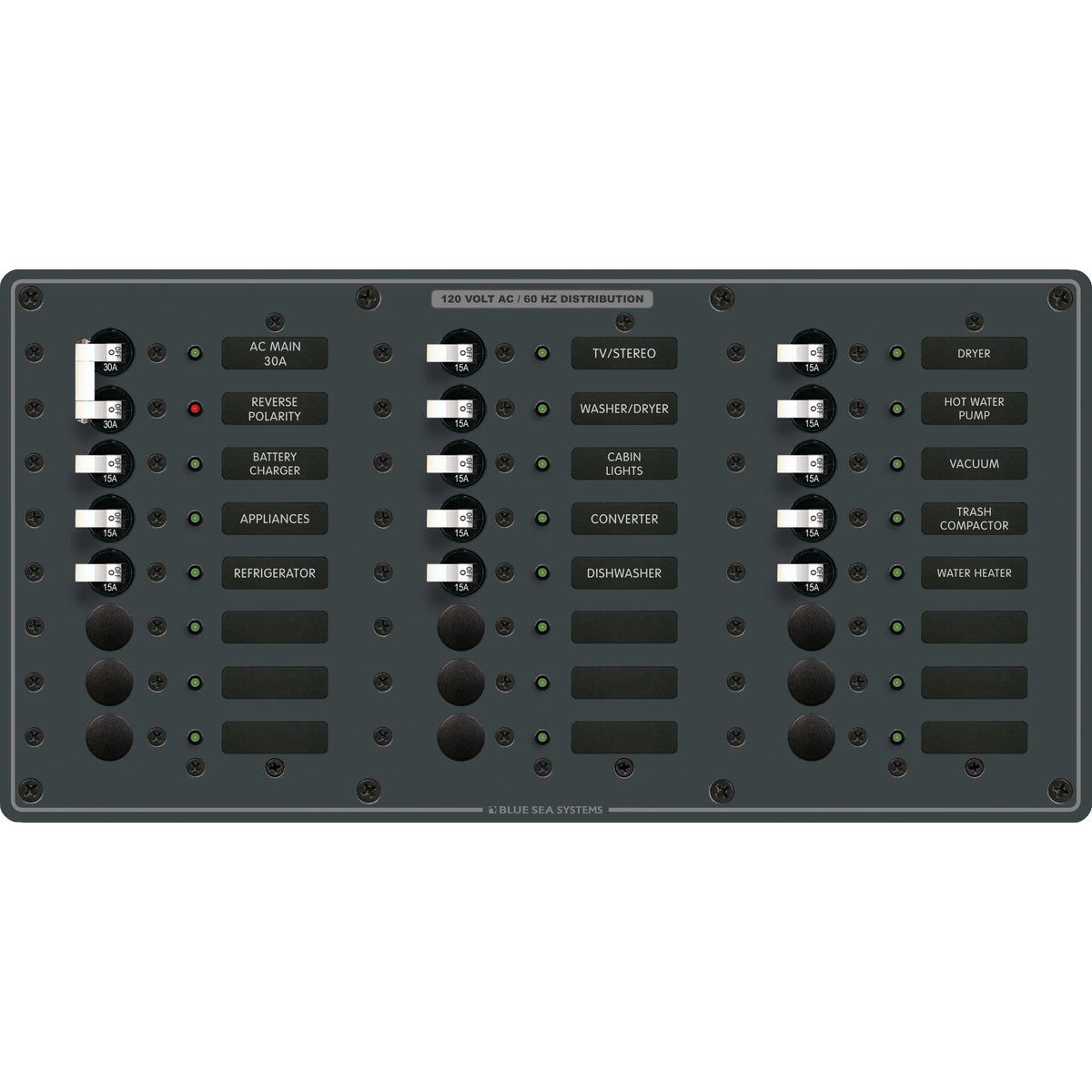 Blue Sea Systems Traditional Metal AC Main Circuit Breaker Panel, 120V AC, White Toggle Breakers, Non-Metered