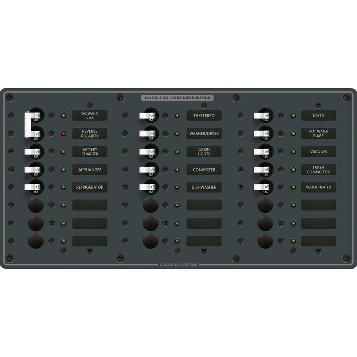 Blue Sea Systems Traditional Metal AC Main Circuit Breaker Panel, 120V AC, White Toggle Breakers, Non-Metered