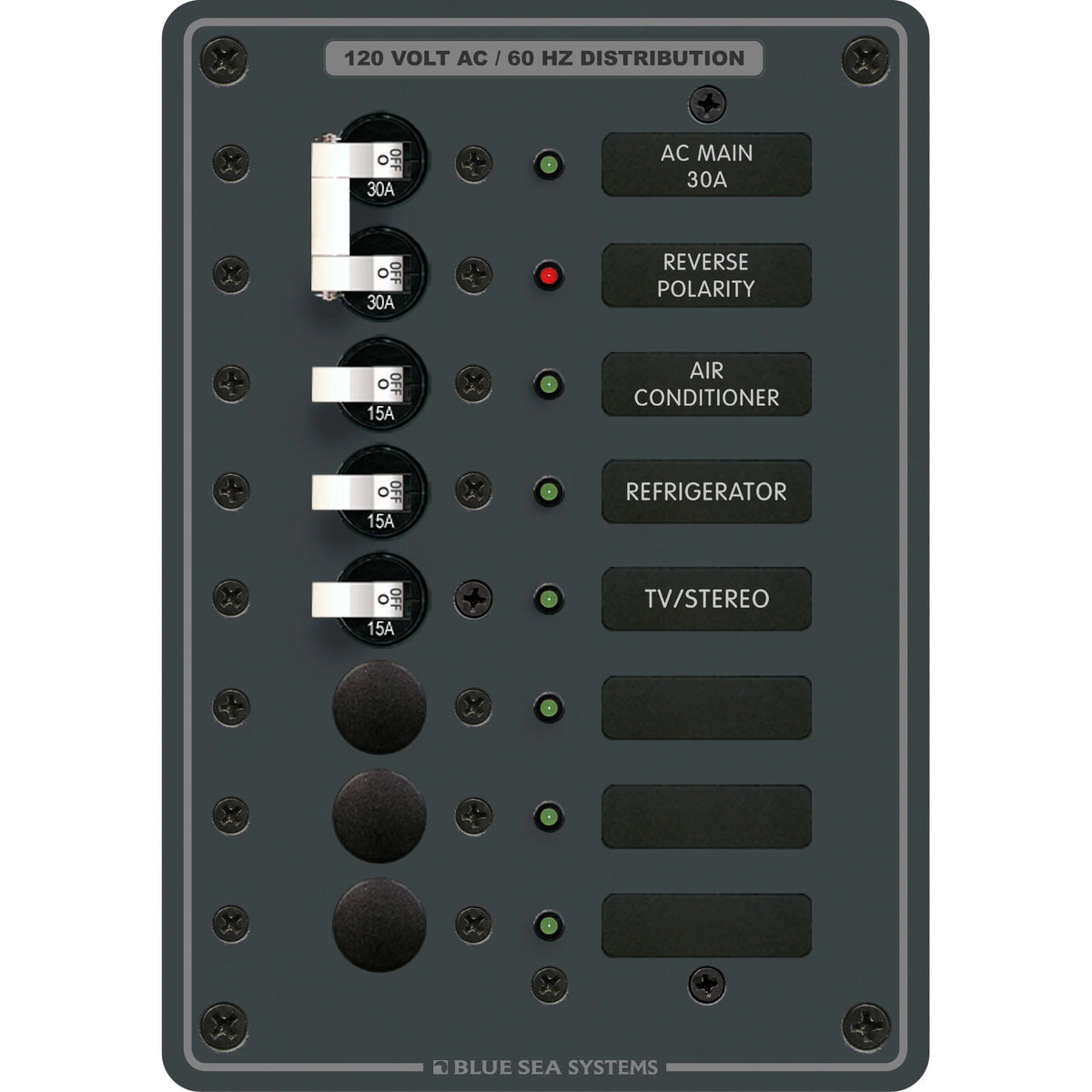 Blue Sea Systems Traditional Metal AC Main Circuit Breaker Panel, 120V AC, White Toggle Breakers, Non-Metered