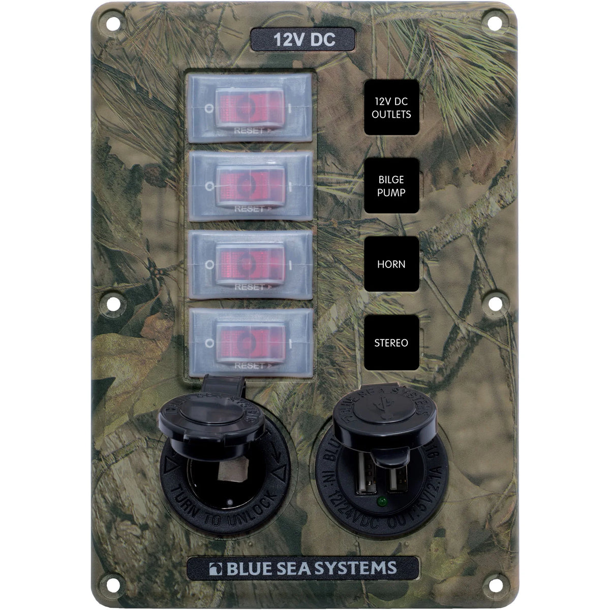 Blue Sea Systems Water-Resistant Circuit Breaker Switch Panel, 12V DC, Illuminated 15A Breakers, Exposed Mount