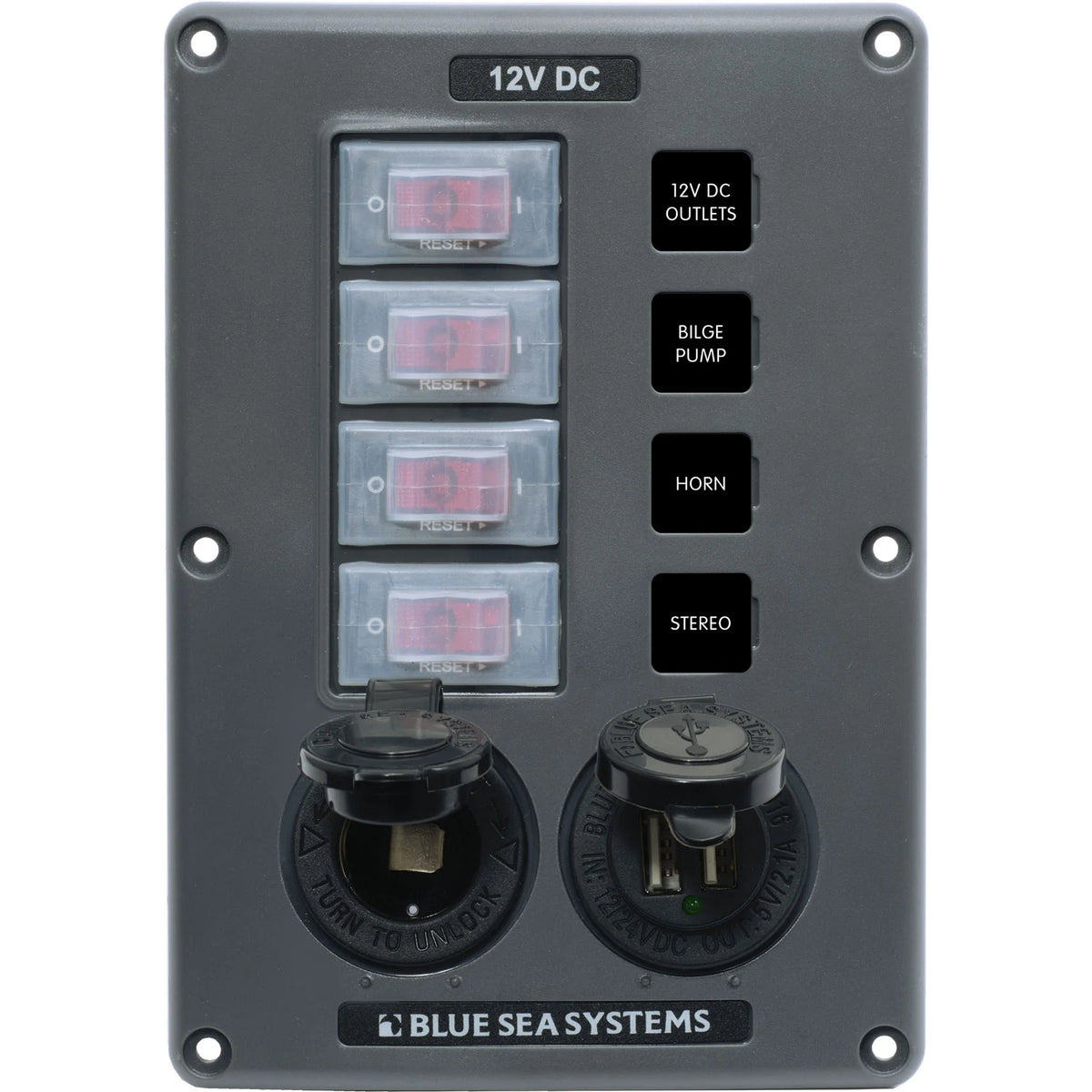Blue Sea Systems Water-Resistant Circuit Breaker Switch Panel, 12V DC, Illuminated 15A Breakers, Exposed Mount