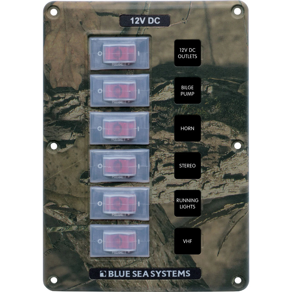 Blue Sea Systems Water-Resistant Circuit Breaker Switch Panel, 12V DC, Illuminated 15A Breakers, Exposed Mount