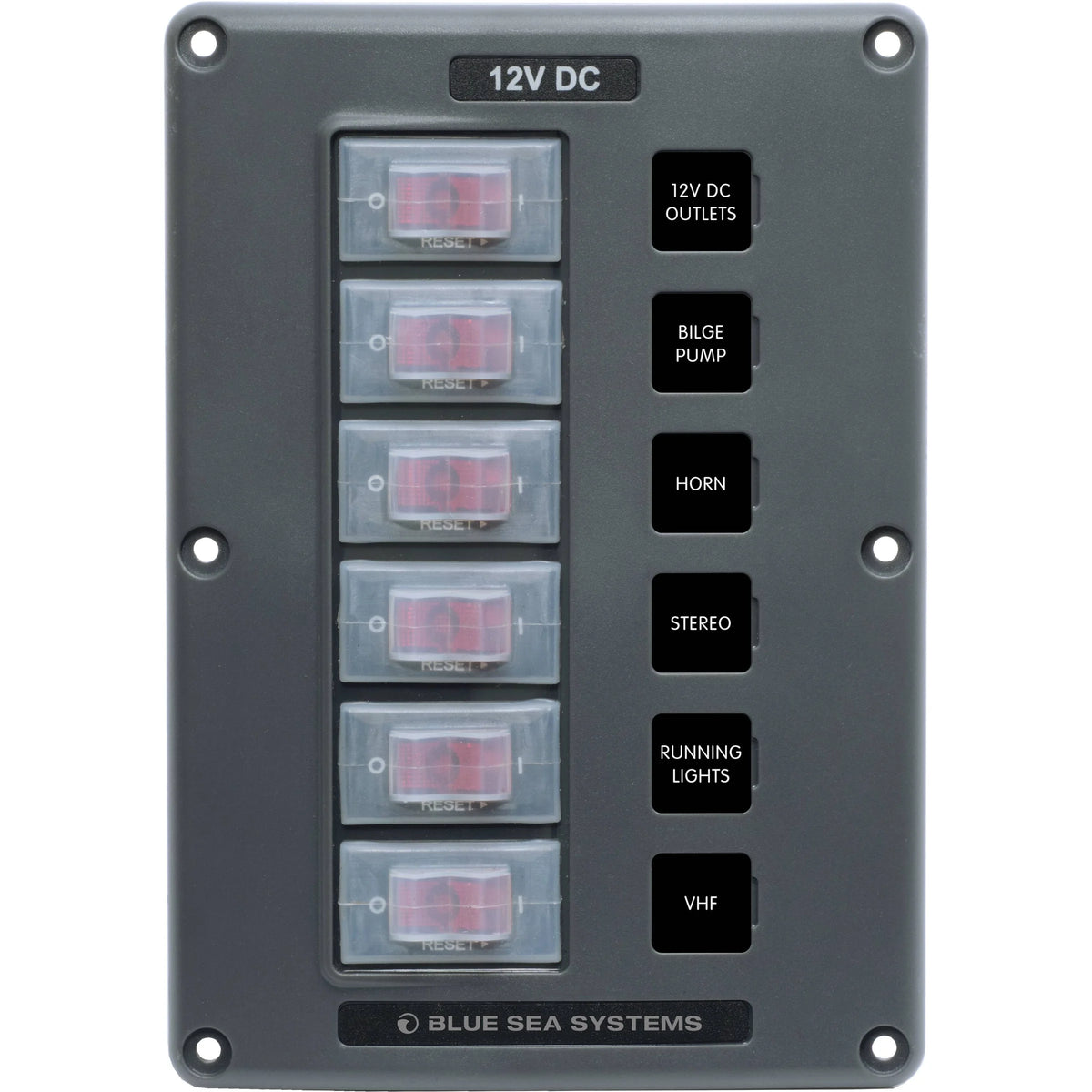 Blue Sea Systems Water-Resistant Circuit Breaker Switch Panel, 12V DC, Illuminated 15A Breakers, Exposed Mount