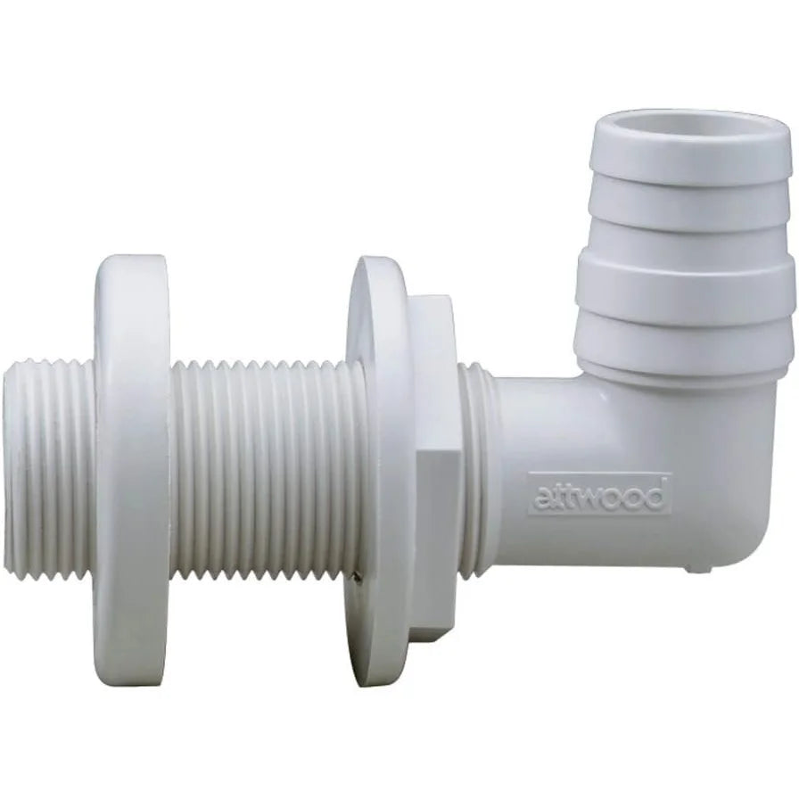 Attwood Marine 90 Degree Thru-Hull Connector, White Polypropylene, Above-Waterline