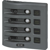 Blue Sea Systems WeatherDeck Waterproof Circuit Breaker Panel, 12/24V DC, IP67, 15A Per Circuit, Green LED Backlit Labels, Gray Panel