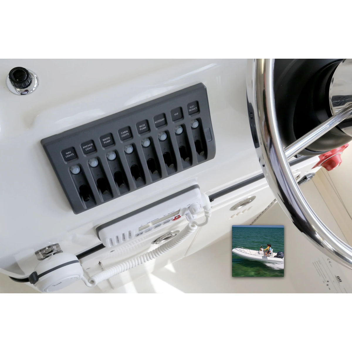 Blue Sea Systems WeatherDeck Waterproof Circuit Breaker Panel, 12/24V DC, IP67, 15A Per Circuit, Green LED Backlit Labels, Gray Panel