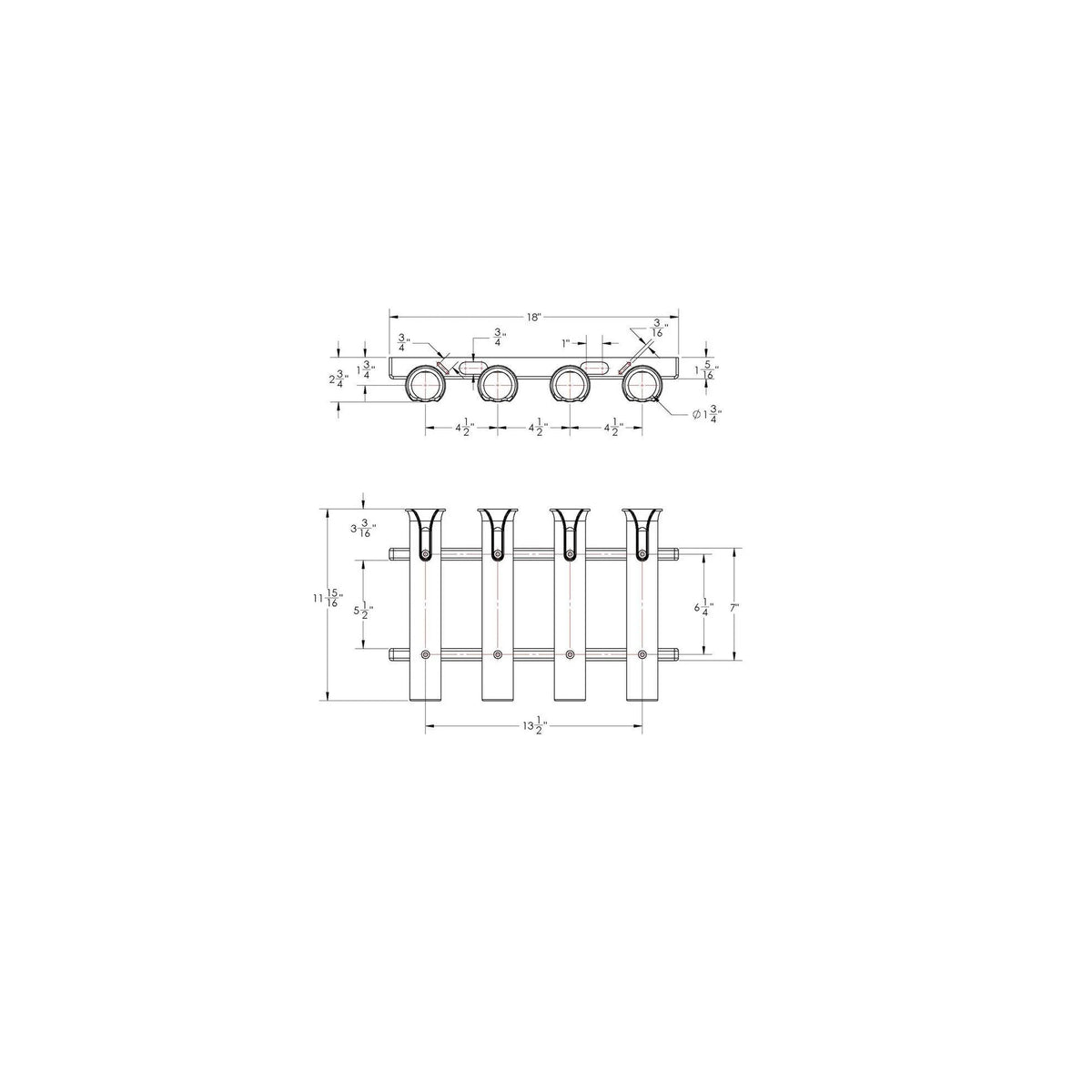 TACO Marine 4-Rod Deluxe Poly Rod Rack, UV-Stabilized Polyethylene, 18 in, 1-3/4 in Rod Holders