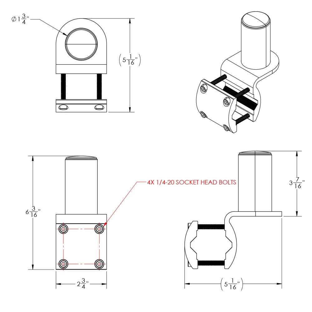 TACO Marine ShadeFin Mini Rail Mount, 6061 Aluminum, Type-304 SS Screws, Misty Silver Finish