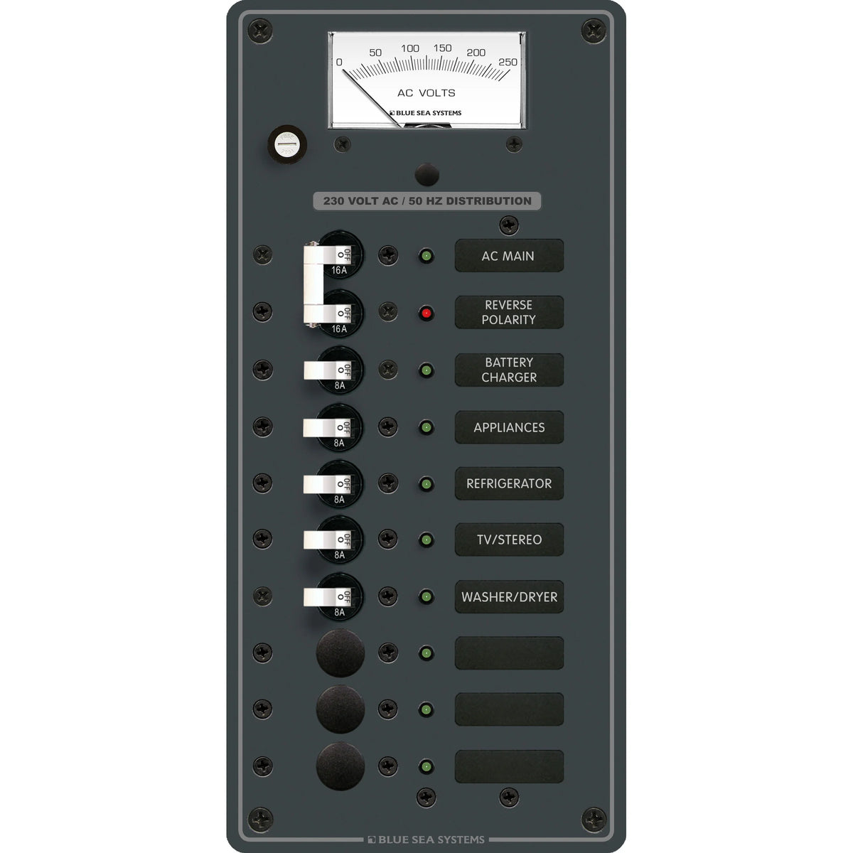 Blue Sea Systems Traditional Metal AC Main Distribution Panel, Analog AC Voltmeter, Reverse Polarity LED