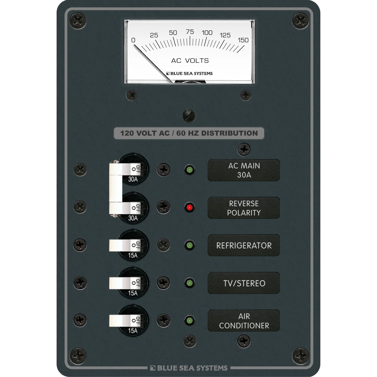Blue Sea Systems Traditional Metal AC Main Distribution Panel, Analog AC Voltmeter, Reverse Polarity LED