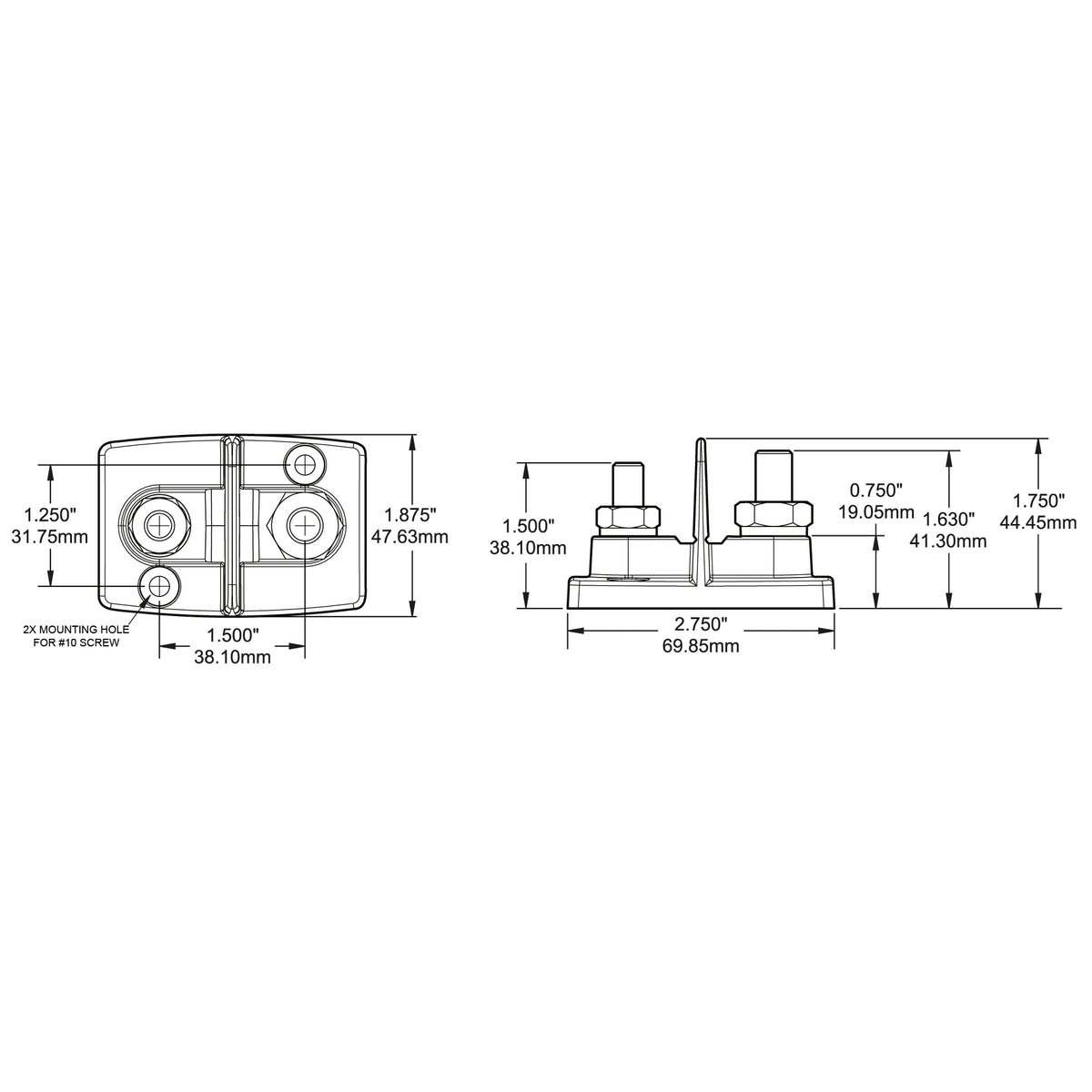 Blue Sea Systems Dual PowerPost Cable Connector, 48V DC, #10 Screw Mounting