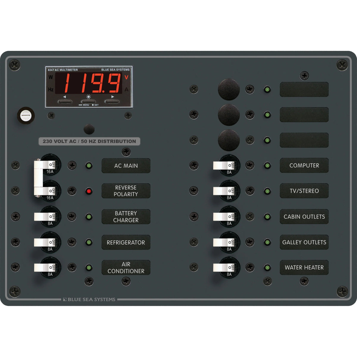 Blue Sea Systems Traditional Metal AC Main + Branch Circuit Breaker Panel, 230V AC, Digital Multi-Function Meter