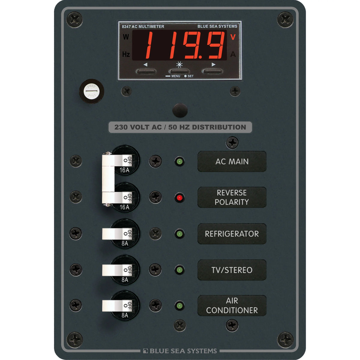 Blue Sea Systems Traditional Metal AC Main + Branch Circuit Breaker Panel, 230V AC, Digital Multi-Function Meter