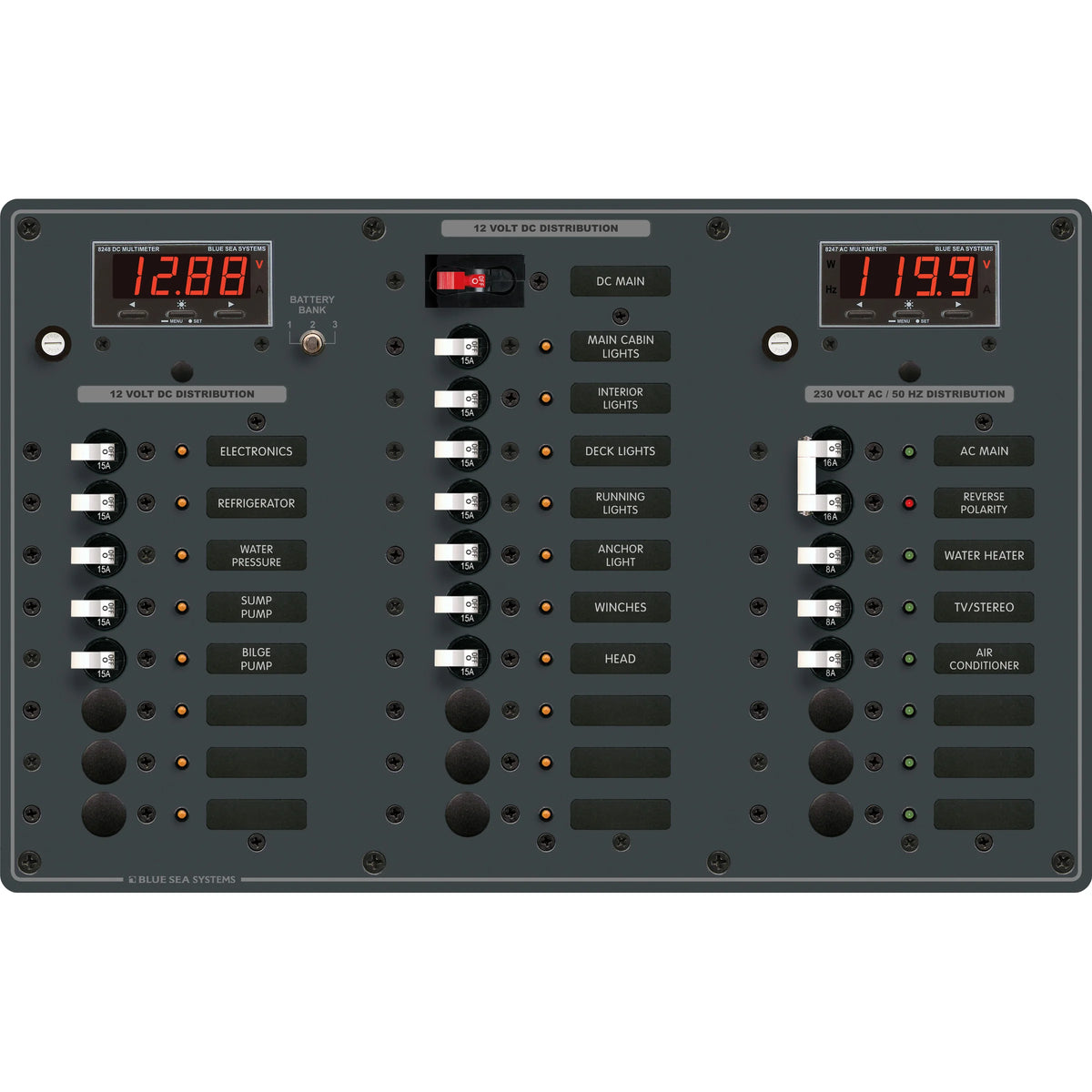 Blue Sea Systems Traditional Metal AC/DC Circuit Breaker Panel, AC Main + 6 Positions, DC Main + 18 Positions, Digital Multi-Function Meters