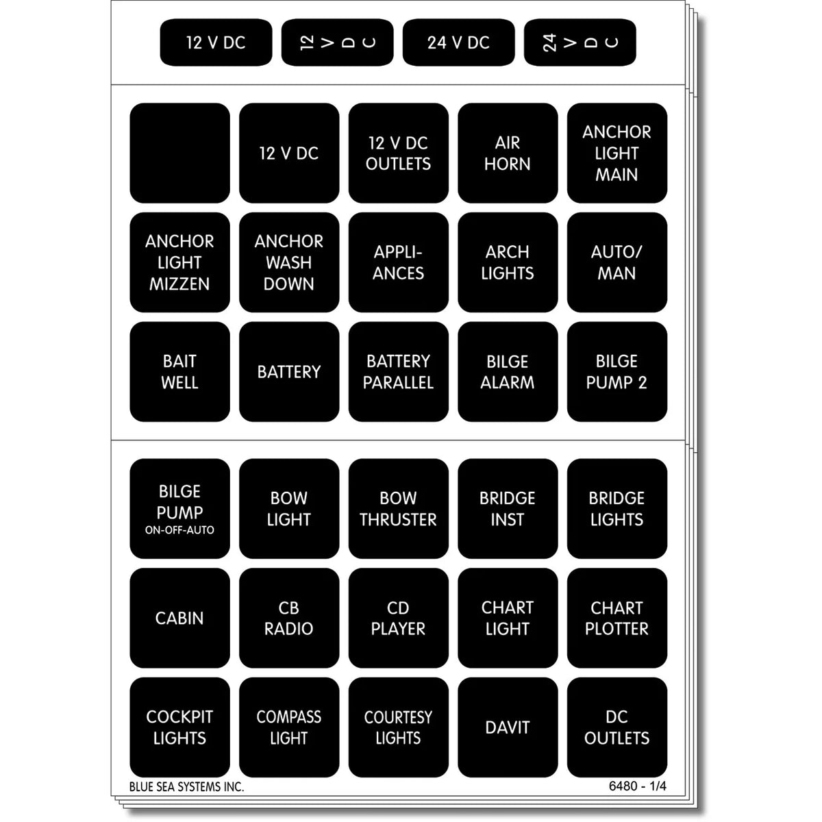 Blue Sea Systems Waterproof DC Label Kit, For WeatherDeck Waterproof Panels, Black Square Labels